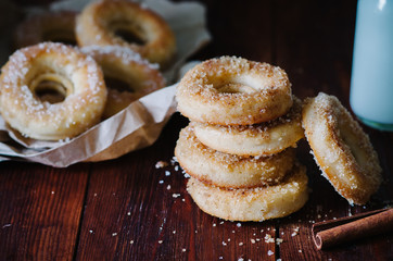 Breakfast whith homemade doughnuts with cinnamon sugar