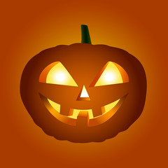 Halloween  pumpkin. Halloween pumpkin with glowing eyes on orange-red background.