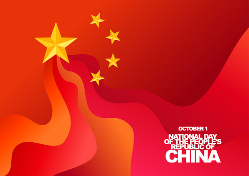 Vector greeting card for National Day of the People's Republic of China, October 1. Red flag and gold stars. 