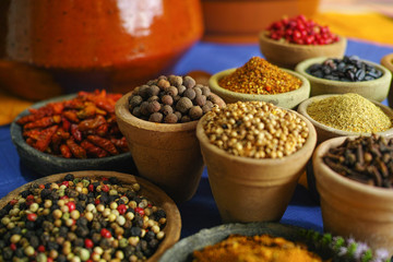 Collection of different spices in old clay bowls in colorful oriental background