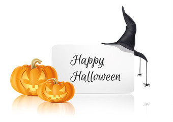Halloween Schild mit Kürbissen und Hexenhut