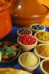 Collection of different spices in old clay bowls in colorful oriental background