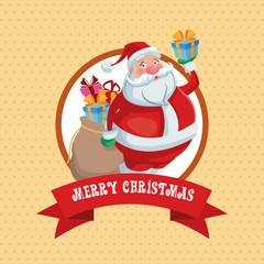 Santa cartoon inside seal stamp with ribbon icon. Merry Christmas season and decoration theme. Colorful design. Vector illustration