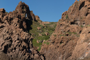 Rough red rocks and green vegetation Corsica, France