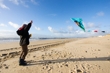 Chłopiec z latawcem na plaży - obrazy, fototapety, plakaty