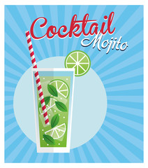 Mojito cocktail icon. Summer party drinks and beverage theme. Colorful design. Striped background. Vector illustration