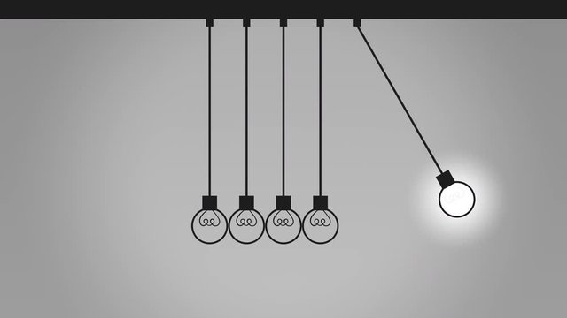 Balancing bulb-like pendulum balls on wires. Newton's cradle. Idea, contact and communication concepts. 4K seamless loop able animation
