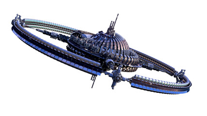 3D illustration of an alien spaceship or futuristic space station, with a central dome and gravitation wheel, for science fictionbackgrounds with the clipping path included in the file. - 121375722