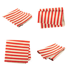Set stack of colorful dish towels isolated on white. Multi-colored linen napkins for restaurant....