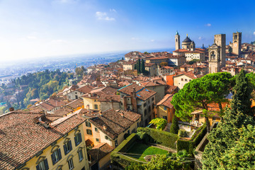 View of medieval Upper Bergamo - beautiful medieval town in nort - obrazy, fototapety, plakaty