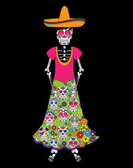Day of the Dead or Halloween Skeleton Woman in Vector Format