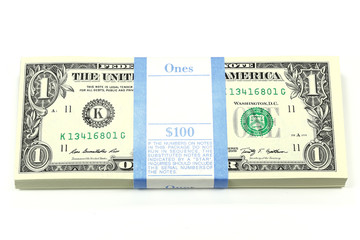 bundle of 1 Dollar notes isolated on white background