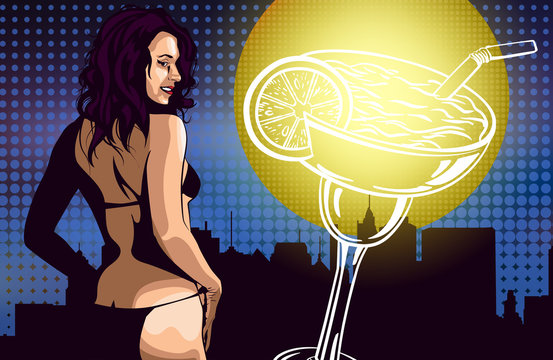 Woman in bikini, stripper with happy hour cocktail vector