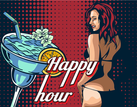 Woman in bikini, stripper with happy hour cocktail vector
