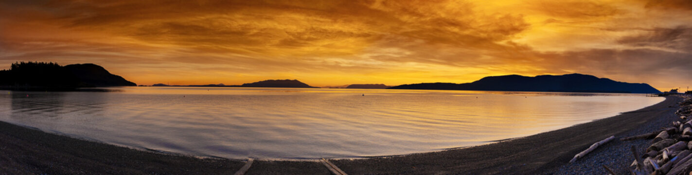 San Juan Islands Sunset. A Beautiful Winter Sunset From Legoe Bay On Lummi Island Looking West Towards Orcas Island In The San Juan Archipelago In Western Washington State.