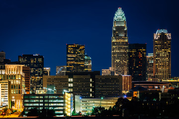 Fototapeta premium View of the skyline of Uptown at night, in Charlotte, North Caro