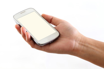 Hand holding smart phone against white background