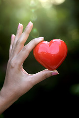 Obraz na płótnie Canvas Red heart shape in the hands against green background