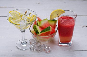 Healthy eating, slices of watermelon and watermelon smoothie on