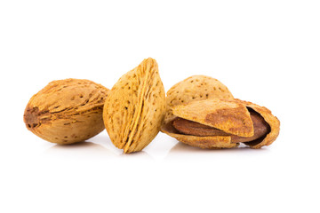Almond nut in shell and shelled isolated on white background