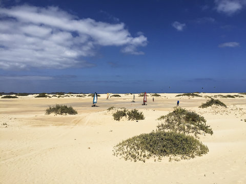 Sand yachts on a sunny beach on the Canary Islands, blue sky.