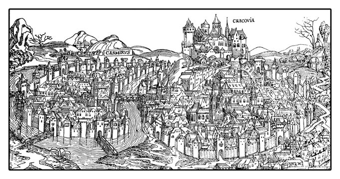 Antique map of Krakow on the Vistula river. The city was founded in 7th century