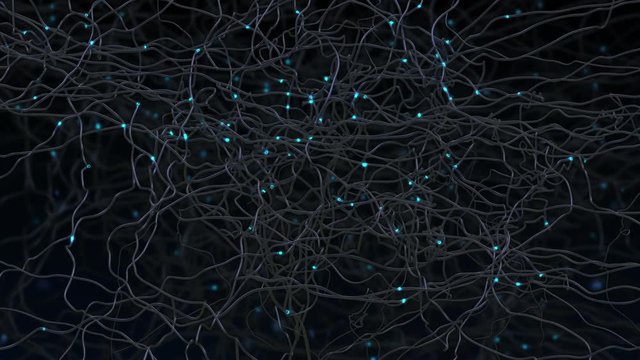 Electric impulses in network structure. Animation of moving impulses through complicated network.