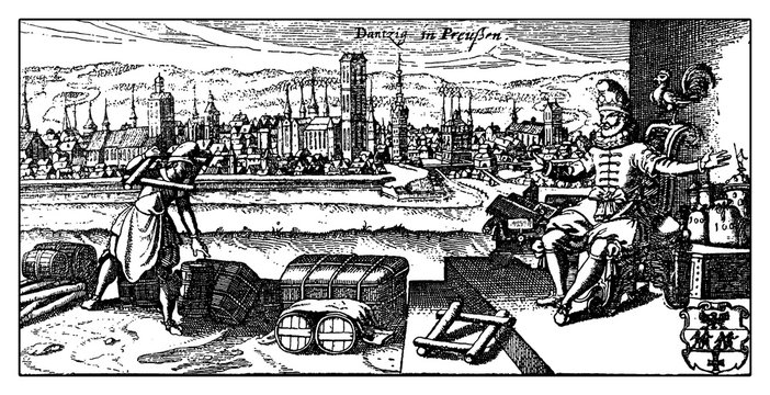 Antique panoramic view of Danzig the actual Polish city of Gdansk  on the Motklawa river, important seaport and shipbuilding town in XVI century
