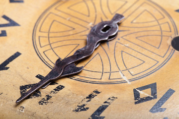 Clock face of the old clock. Selective focus. Shallow depth of f