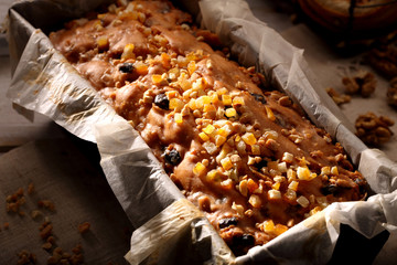 Christmas fruit cake in baking mold