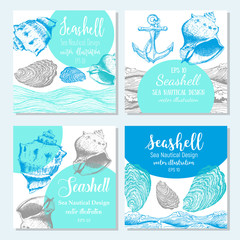 Seashell banners, flyers set. Nautical sea design. Hand drawn sketch. Vector illustration.
