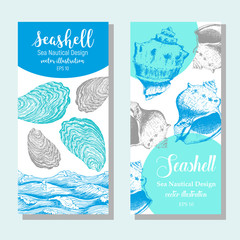 Seashell banners, flyers set. Nautical sea design. Hand drawn sketch. Vector illustration.