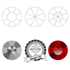 Set of single cut jewel views isolated on white background - top view, bottom view, realistic ruby, realistic diamond and badge. Can be used as part of logo, icon, web decor or other design.