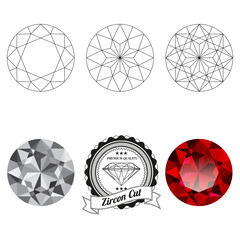 Set of zircon cut jewel views isolated on white background - top view, bottom view, realistic ruby, realistic diamond and badge. Can be used as part of logo, icon, web decor or other design.