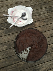 Chocolate cake and empty dishes