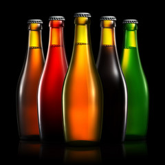 Set of beer bottles with clipping path isolated on black gradient background