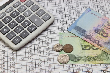 calculator, coins and banknotes. Dow Jones index.