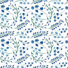 Fototapeta na wymiar Repeat Pattern With Watercolor Bright Blue Flowers