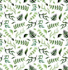 Watercolor Deep Green Foliage Repeat Herbal Pattern