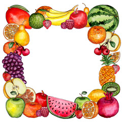 Frame with Watercolor Bright Fruit and Berries