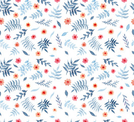 Seamless Texture With Watercolor Blue Leaves And Red Flowers