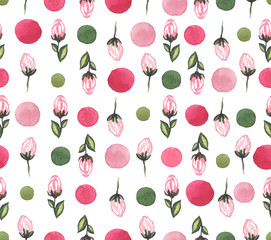 Watercolor Bright Roses and Colorful Dots Repeat Pattern