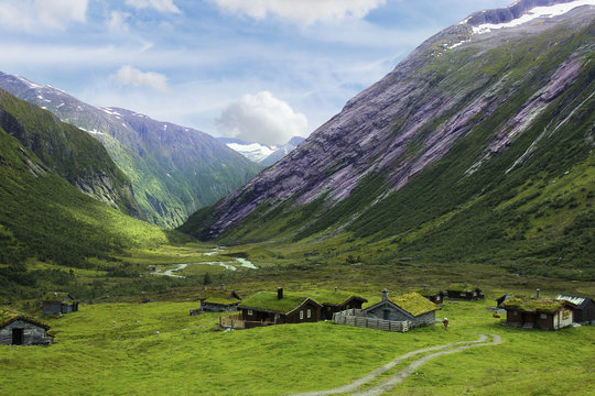 Scenic Winding Road in Norway. Green Summer Valley near Stryn, N