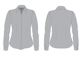 Women's gray dress shirt with long sleeves template, front and back view