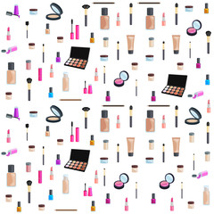 Sets of cosmetics on isolated background. Nail polish, mascara, lipstick, eye shadows,brush, powder, lip gloss.