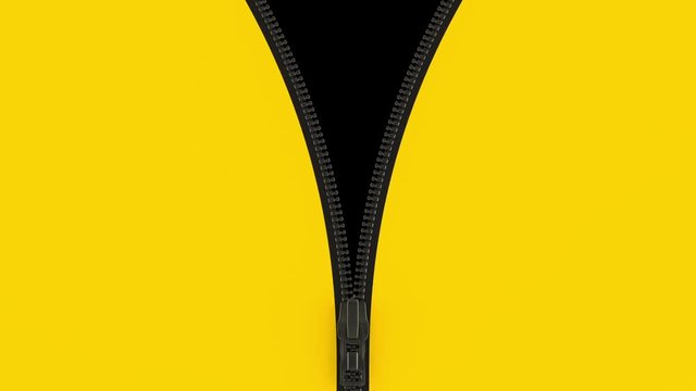 Black zip fastener on yellow material. Animation of unzipping the zipper with mask included.