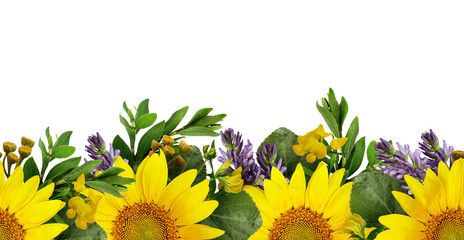 Naklejka premium Sunflowers and wild flowers seamless border