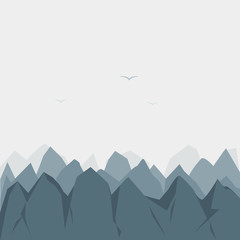 Birds fly over the mountains. Vector illustration in flat design