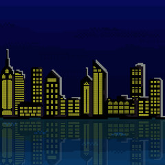 Naklejka premium Illustration of pixel city. Vector of pixel art city .