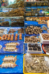 Many kinds of seafood beind sold at the Noryangjin Fisheries Wholesale Market (or Noryangjin Fish Market) in Seoul, South Korea.